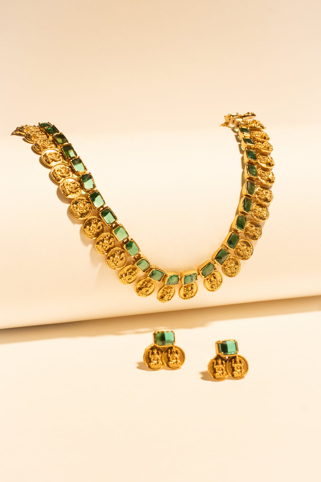 Premium Antique Coin Necklace Set with Green Stones