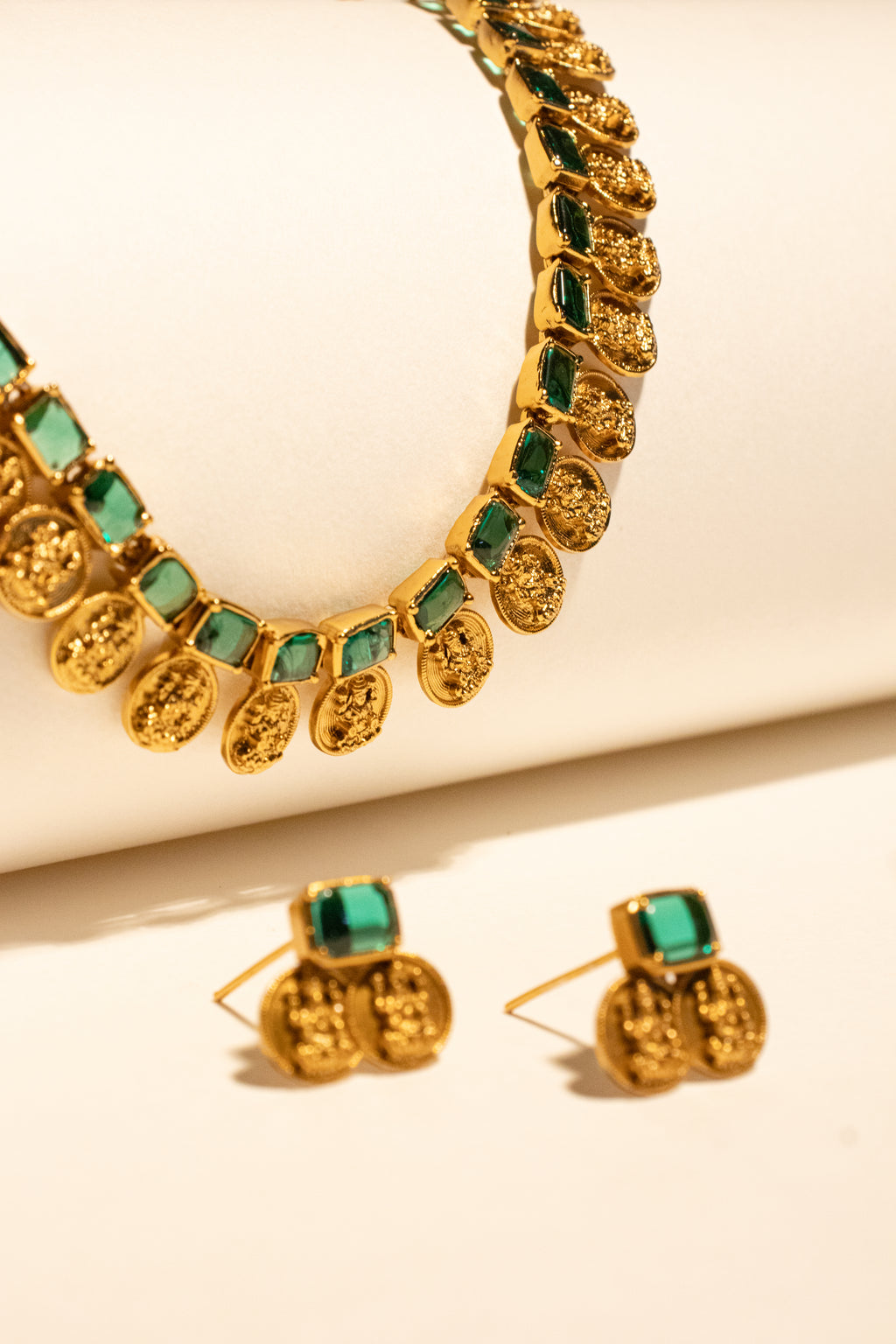 Premium Antique Coin Necklace Set with Green Stones